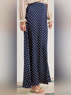 Talbots Classic VTG 90s 100% Silk Navy & Beige Polka Dot A-Line Maxi Skirt 16 XL